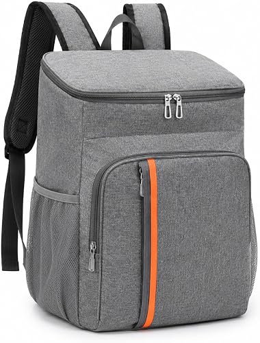 Insulated Cooler Backpack, Grey with Orange Accent | Leakproof Lining, Mesh Side Pockets, Padded Shoulder Straps, Front Zip Pocket, Outdoor & Picnic Use