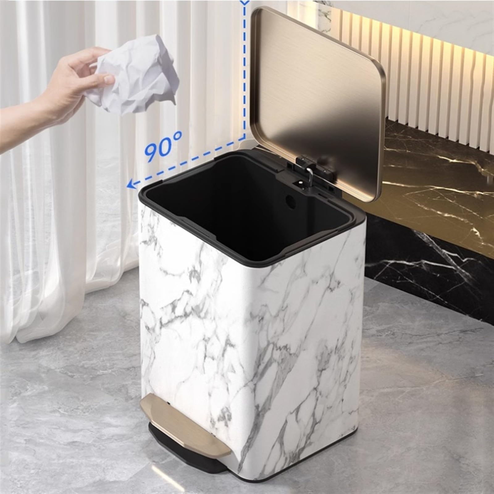 Papelera de Escritorio Bote de basura con diseño de mármol de lujo con tapa, cubo de basura de acero inoxidable con tapa de cierre suave, pedal y cubo interior for el hogar, la oficina Cubo de Basura(