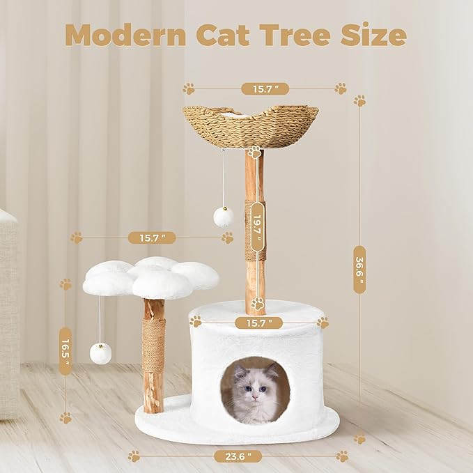 Casita moderna para gatos de 36.6" de madera elegante para gatos grandes, lujo con poste rascador y plataformas con flores miniatura 6