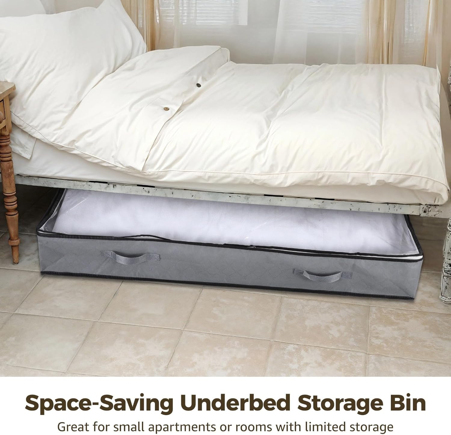 Foldable Underbed Bins, Set of 4 with Clear Tops, Dual Zippers, and Handles for Secretly Storing Clothes, Blankets, and Toys