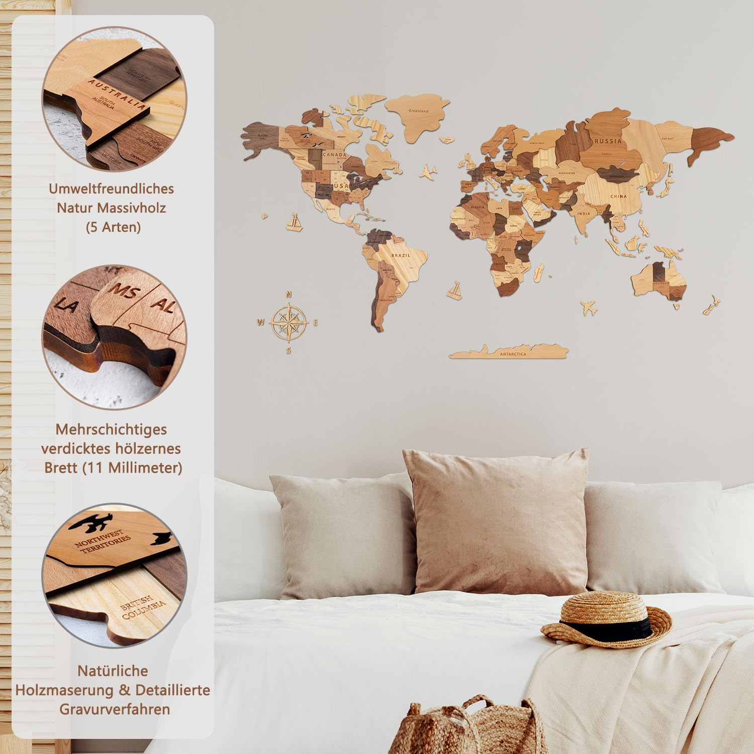 Creawoo Hölzerne 3D Weltkarte Wanddekoration, Mehrschichtige Hölzerne Karte Wandnust für Haus & Büro, Mehrfarbige Reisekarte aus Holz, Perfekt für Kreatives Geschenk-150x85cm