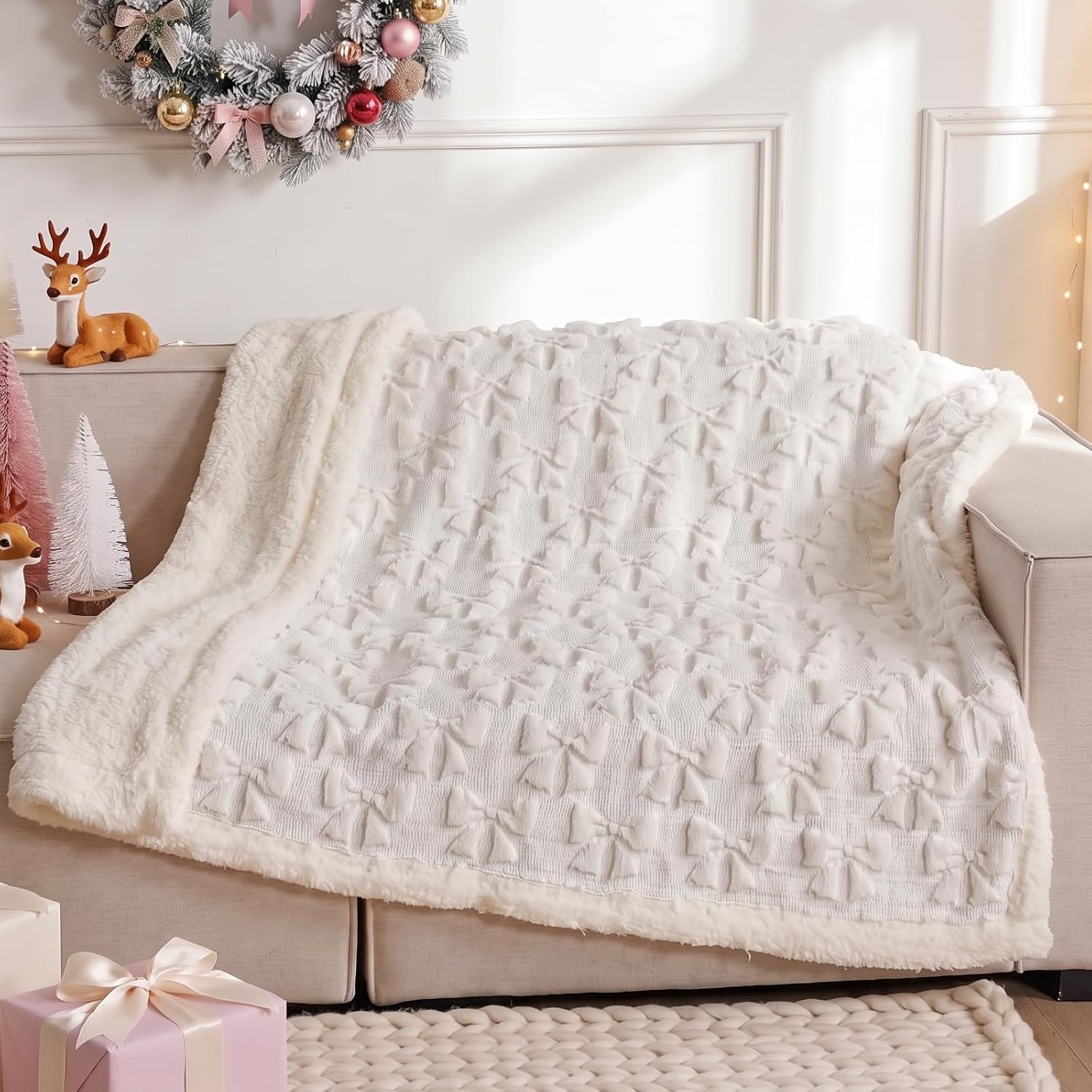 Breling White Bow Sherpa Throw Blanket 50"x 60" Coquette Plush Thick Warm Soft Cute Blanket for Bed Sofa Couch Aesthetic Preppy Bedding Stuff Room Decor Gifts for Fall Thanksgiving Christmas