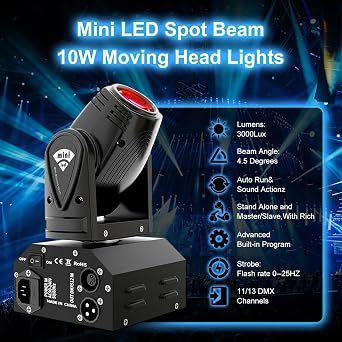 SHEHDS Moving Head Mini LED 10W RGBW 4in1 Beam Effect Stage Lights 2 Pack | Professional 11/13 DMX Channels Sound Activated DJ Lights for Disco Club Party Dance Wedding