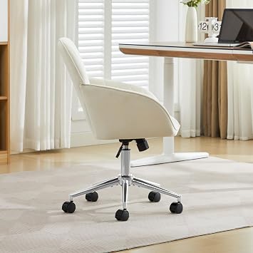 YITAI Velvet Office Desk Chair with Wheels and Silver Base,Modern Height Adjustable 360 Degree Swivel Upholstered Vanity Chairs with Arms for Living Room Bedroom, Study,White