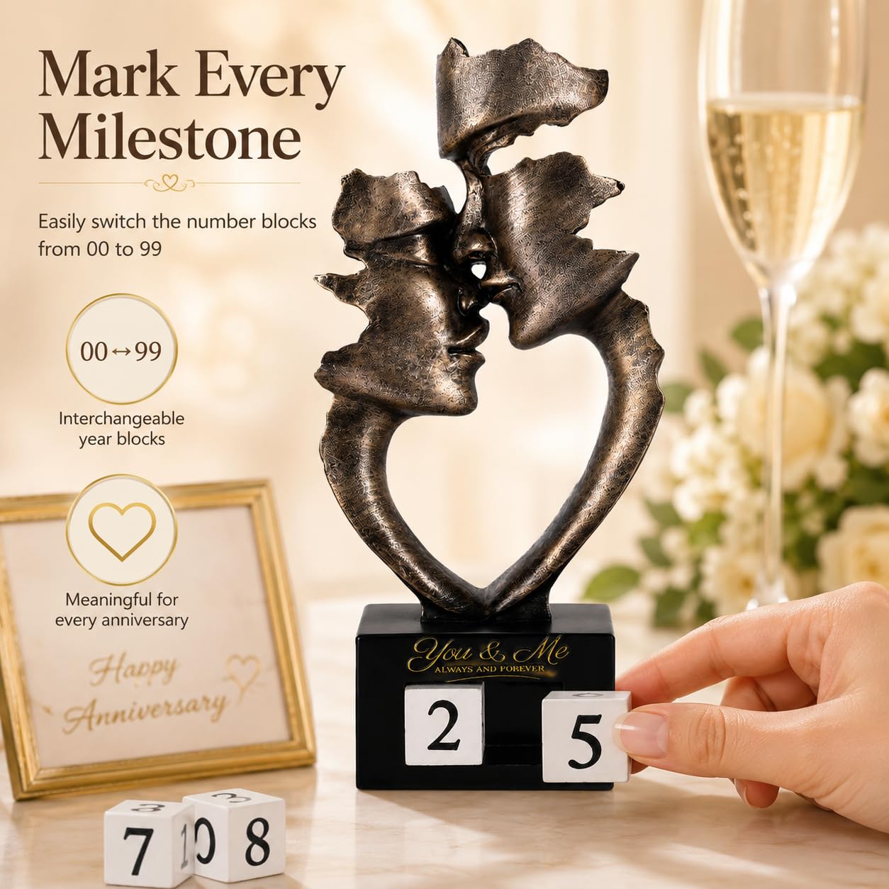 XMGZQ Jahrestagsgeschenke für Ehemann und Ehefrau: Kunstskulptur eines küssenden Paares mit manuellem Jahreszähler (0–99 Jahre), Countdown-Kalenderstatue zum Hochzeitstag (Bronze, 25cm)