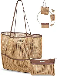 Sacola de praia de malha embalável, 2025 novas bolsas de praia 2 em 1 grandes e leves e dobráveis com vários bolsos para mulheres