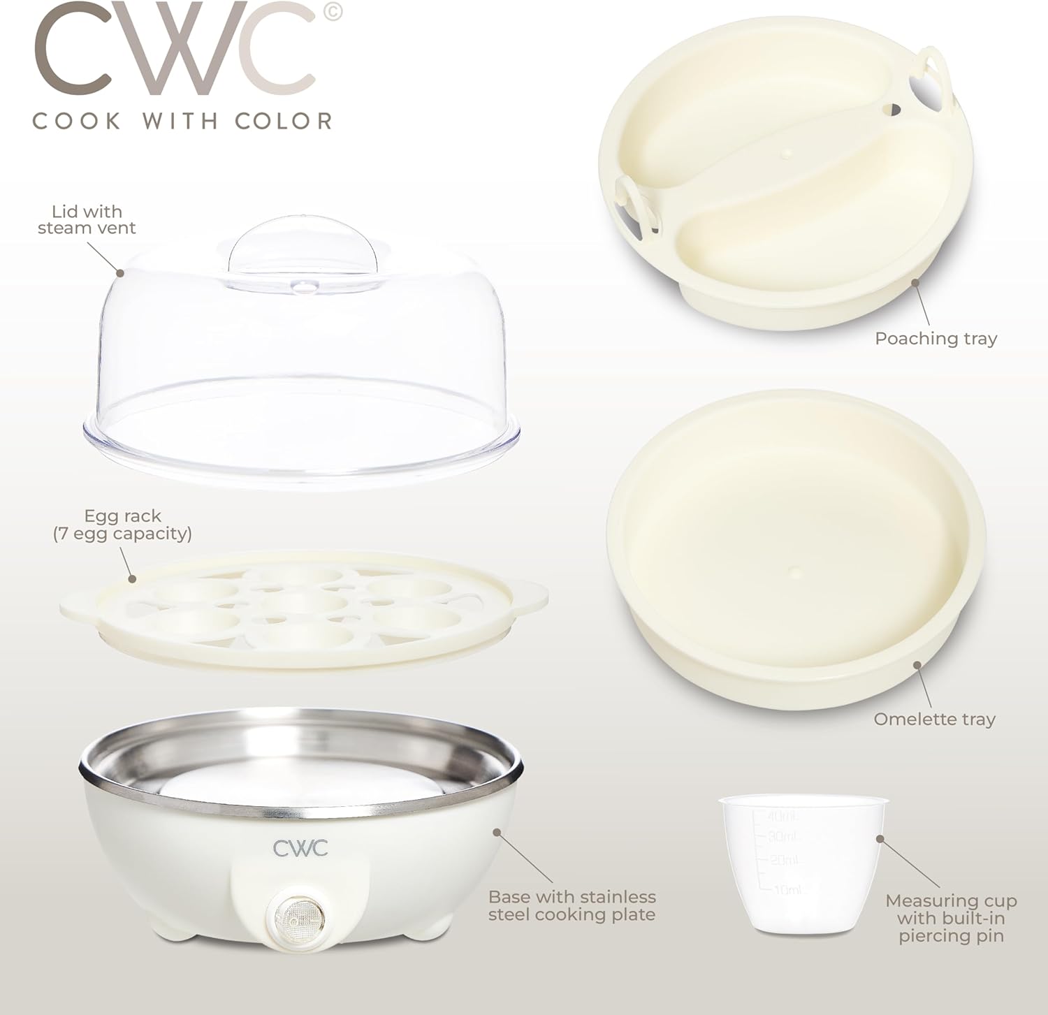 COOK WITH COLOR 350W Electric Double Layer Egg Cooker - Egg Boiler for Hard Boiled, Soft Boiled, and Omelettes, 6.1x6.1x5.5, Cream