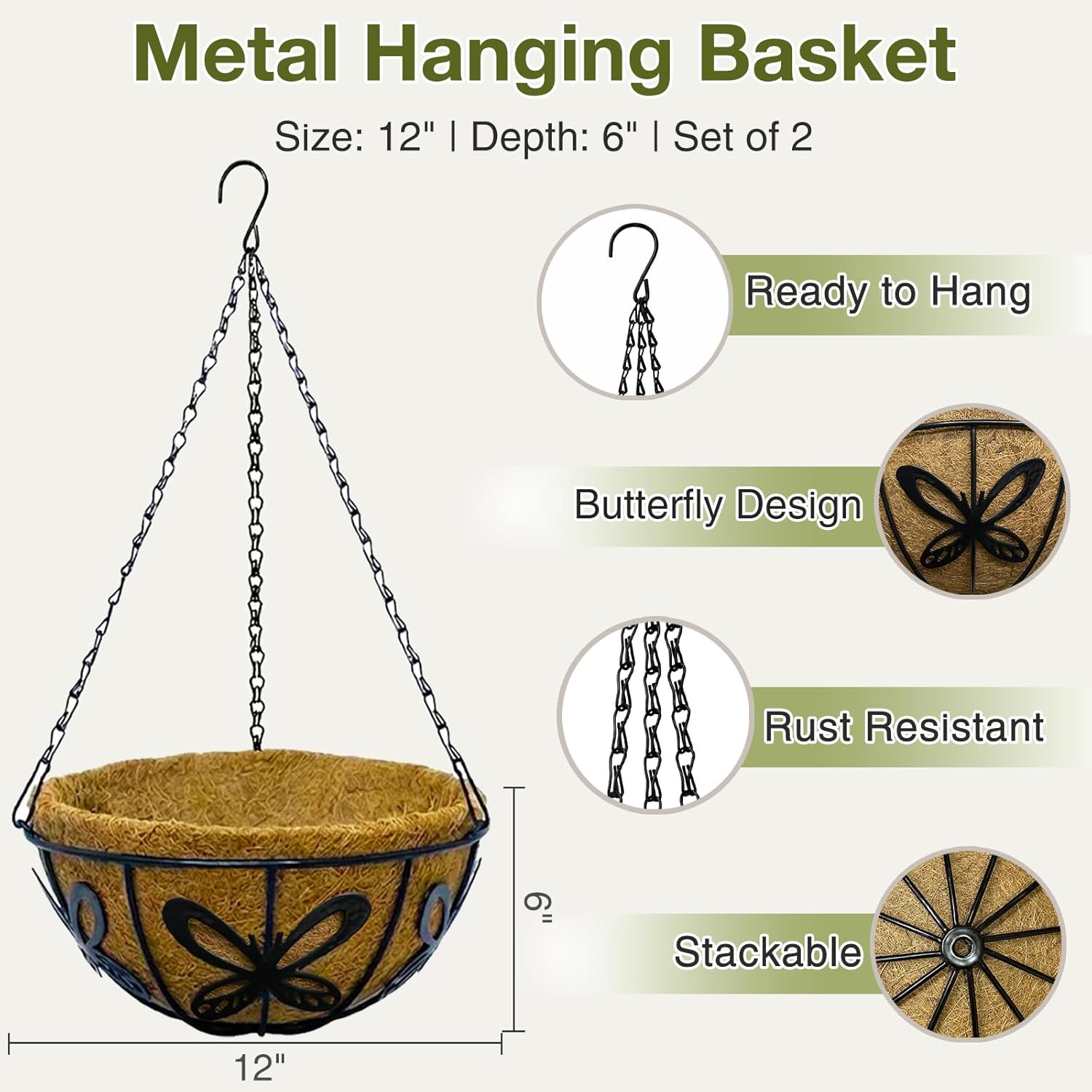 12 Inch Hanging Baskets for Plants Outdoor, 2 Pack Metal Wire Hanging Planters with Coco Coir Liners, Rust-Resistant Flower Basket with Chains & Hooks for Garden Patio Porch Deck Balcony
