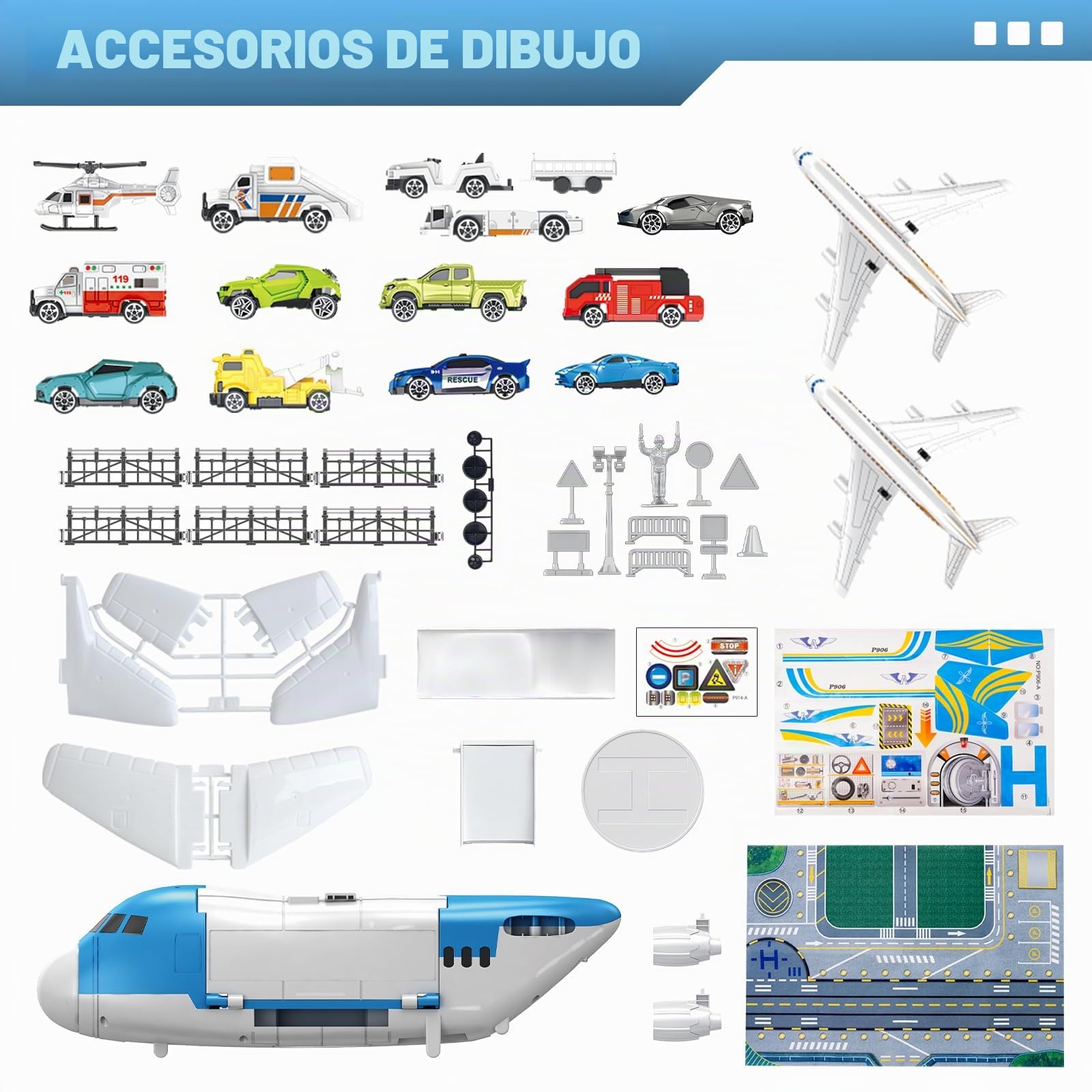 Transporte Avión Juguete Coche Juguete Total 15 medios de transporte con señales de tráfico y alfombrillas de juego, helicóptero aparcamiento juego de juego regalo para niños 3+ niños niñas