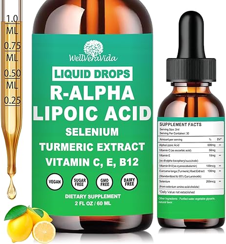 Gotas líquidas de ácido alfa lipoico, suplemento ALA ácido alfa lipoico 600 mg para antioxidantes nervios y apoyo al metabolismo energético, ácido