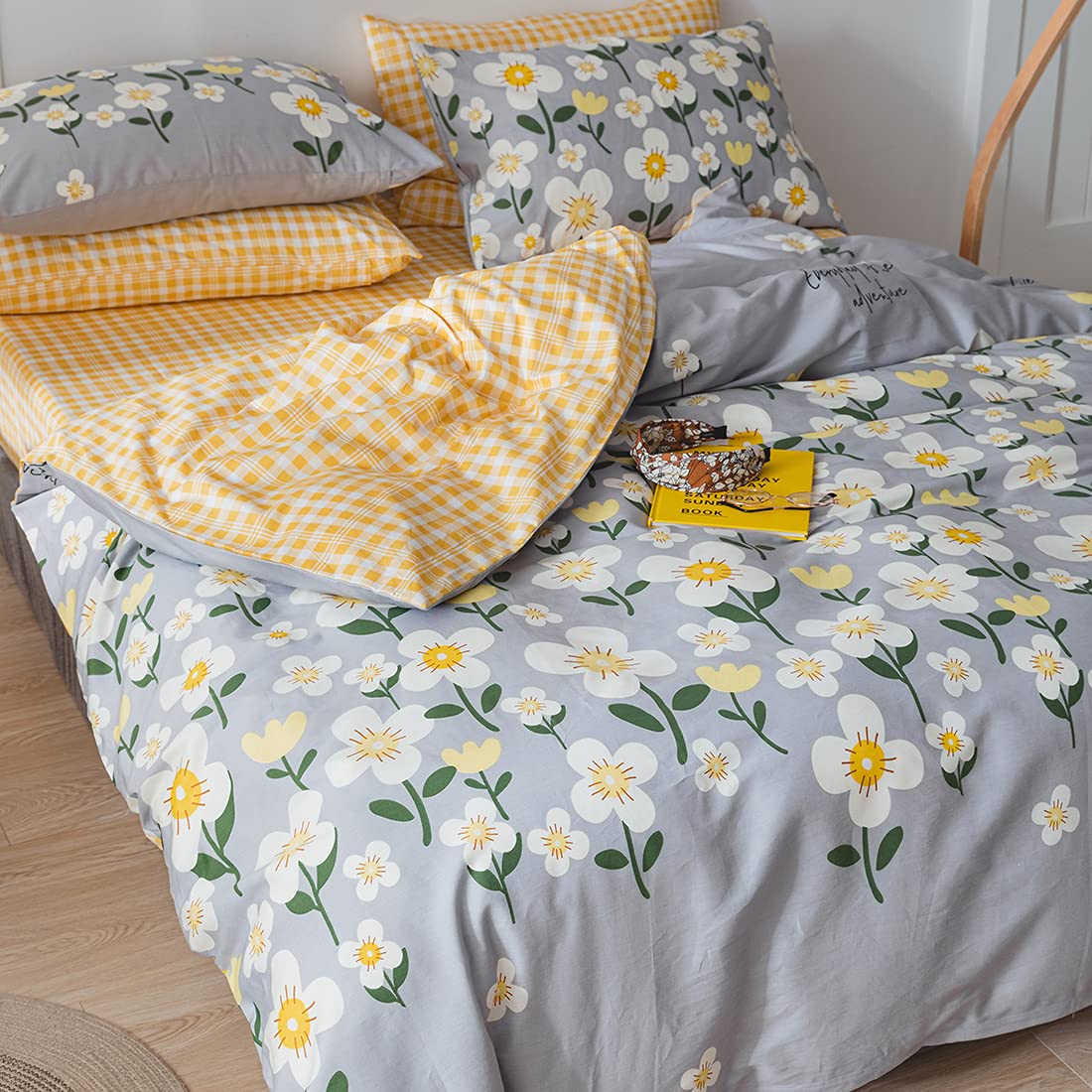 MaiuFun Set copriletto in cotone, per letto king size, reversibile, bohémien, floreale, patchwork con veri motivi scozzesi, 3 pezzi per tutte le stagioni (1 trapunta + 2 federe