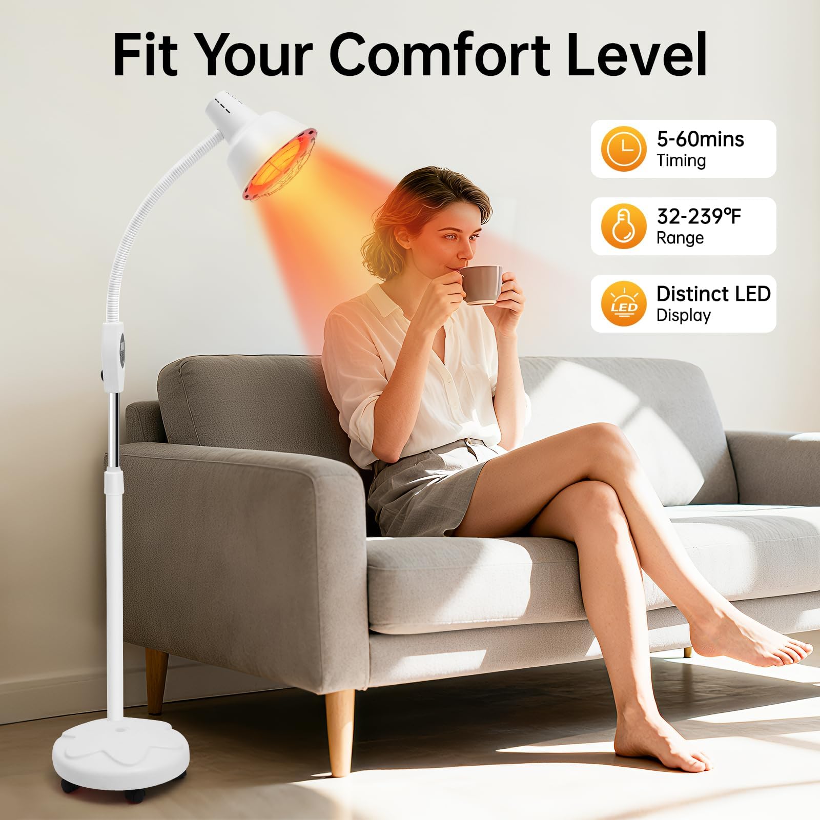 Lampada infrarossi riscaldante 275W con piedistallo regolabile e orientabile 360°, luce rossa terapia per rilassamento muscolare, circolazione e benessere della pelle, rosso