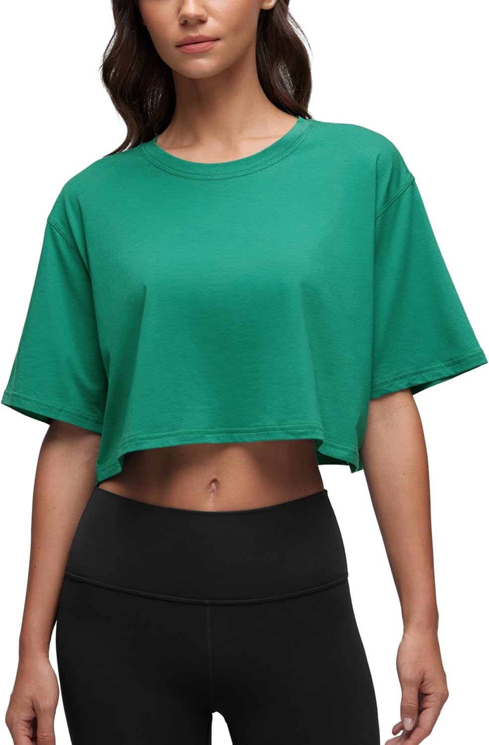 CRZ YOGA Pima Cotton Loose Crop T-Shirts for Women - Workout Yoga Casual Athletic Running Short Sleeve Shirts Crewneck Tops