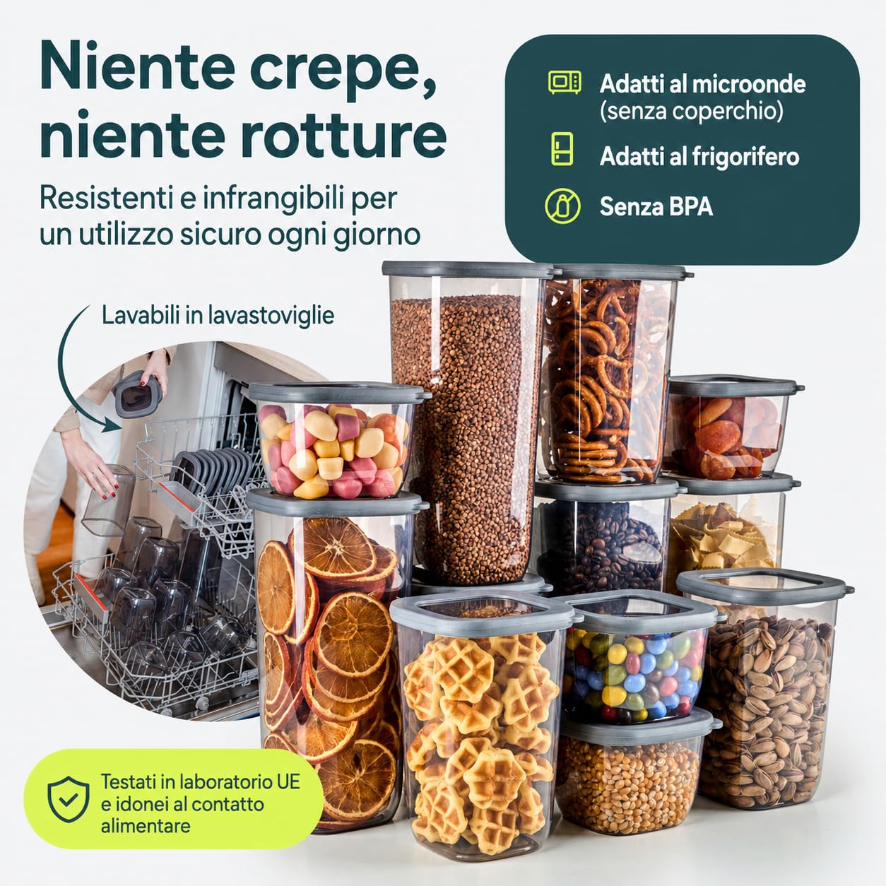 uandu Scatola portaoggetti da cucina, confezione da 12, barattoli ermetici alimentari in plastica sigillati con coperchio, barattoli portaoggetti da cucina in plastica, senza BPA, contenitori per