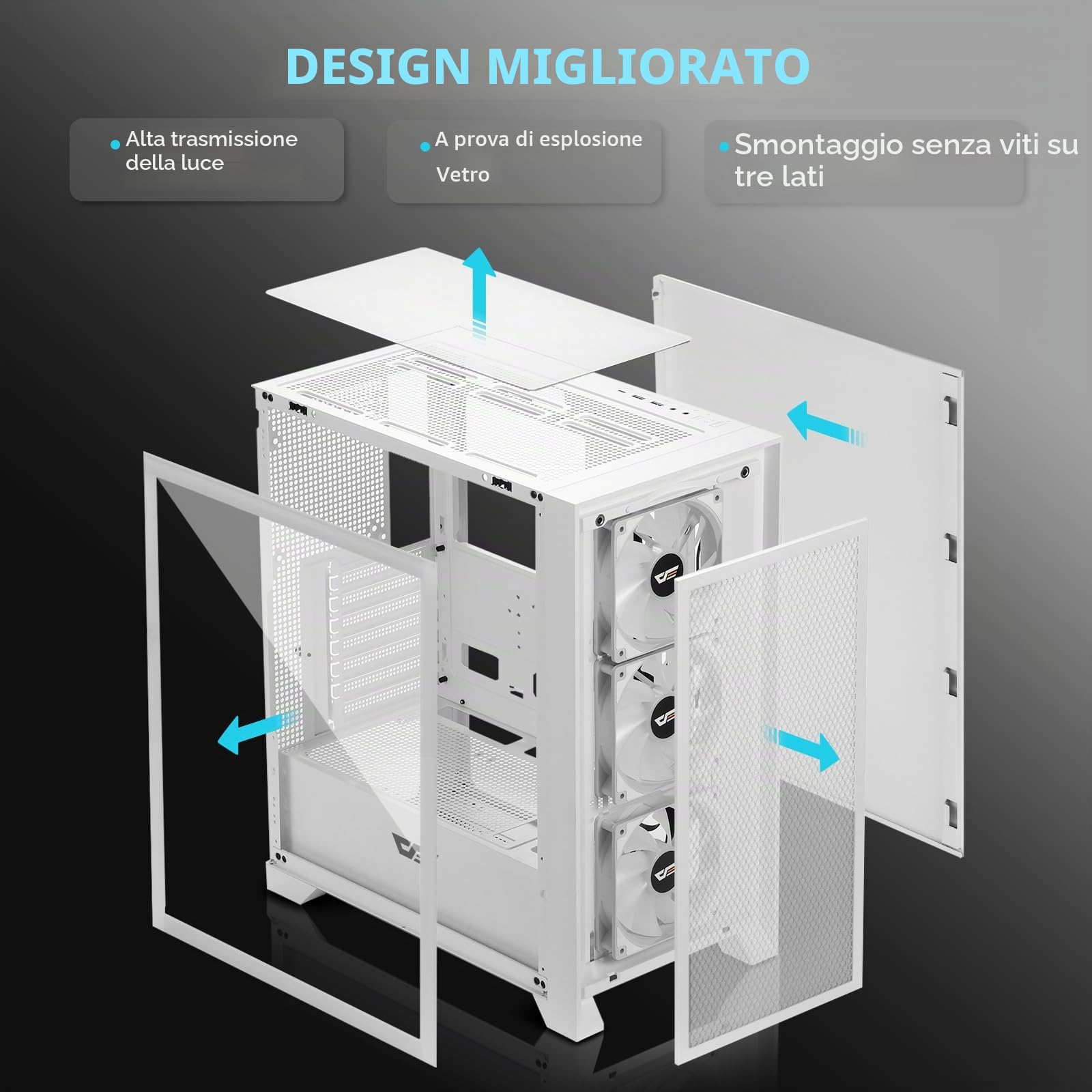 darkFlash Case PC Mid-tower ATX Gaming, 3x120mm Ventole RGB Fisse Preinstallate, Pannello Frontale Rete Grande Rimovibile, USB 3.0, Pannello Laterale Vetro Temperato, Case Flusso D'aria, Bianco(DRX70)