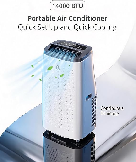 14,000 BTU Portable Air Conditioners, Portable AC Unit, 400m3/h Cooling for 750 Sq. Ft, 4-in-1 AC Unit with Dehumidifier & Fan, Remote Control, Quiet Sleep Mode, Energy Efficient for Home Office