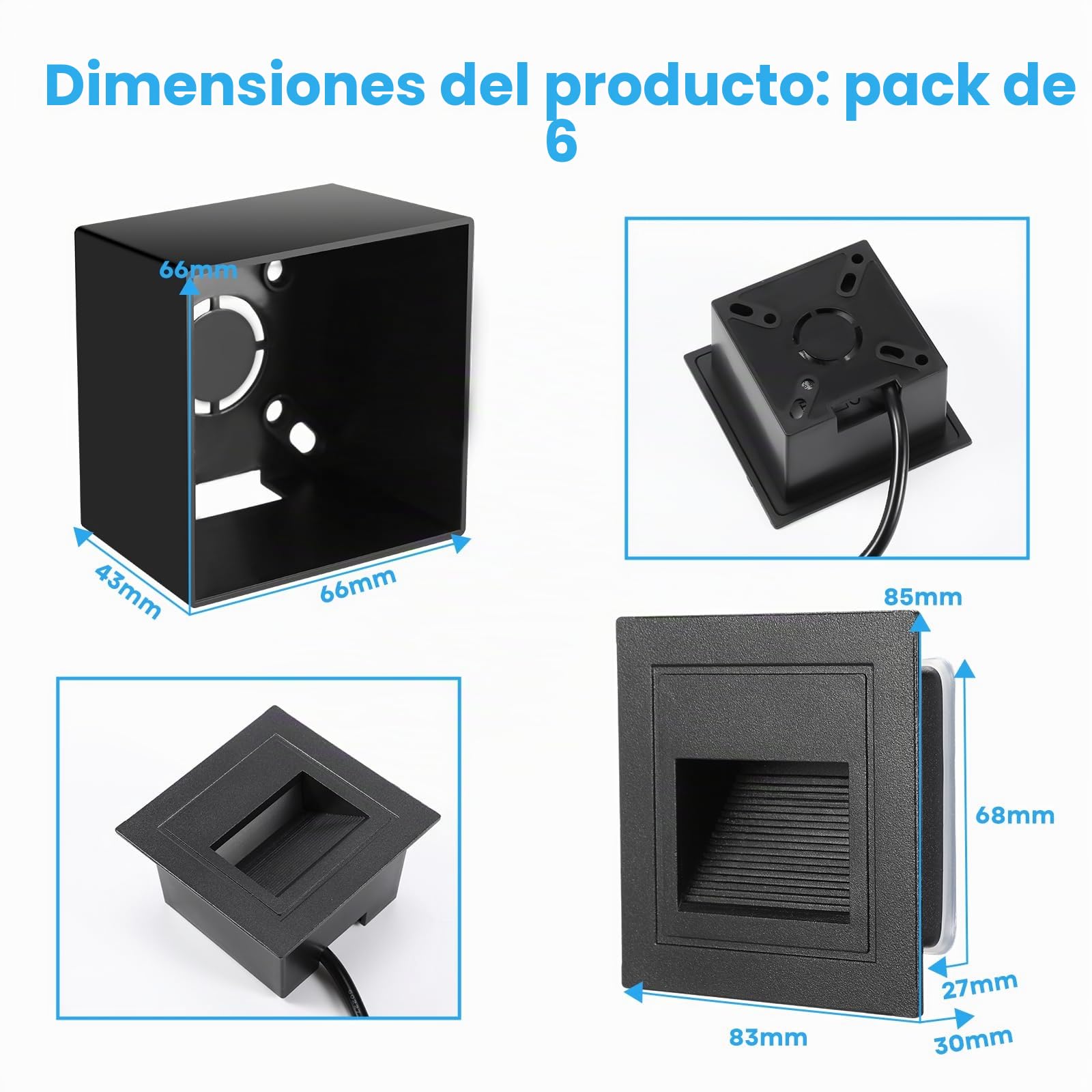 6PACK Iluminación Escalera 3W 300lm, LED Luz de Escalera 230V, 3000K Lampara, Focos Exterior Pared 85x85mm, IP65 Luz de Pared Empotrada para Interior, Exterior, Enchufes Empotrados 68mm Negro
