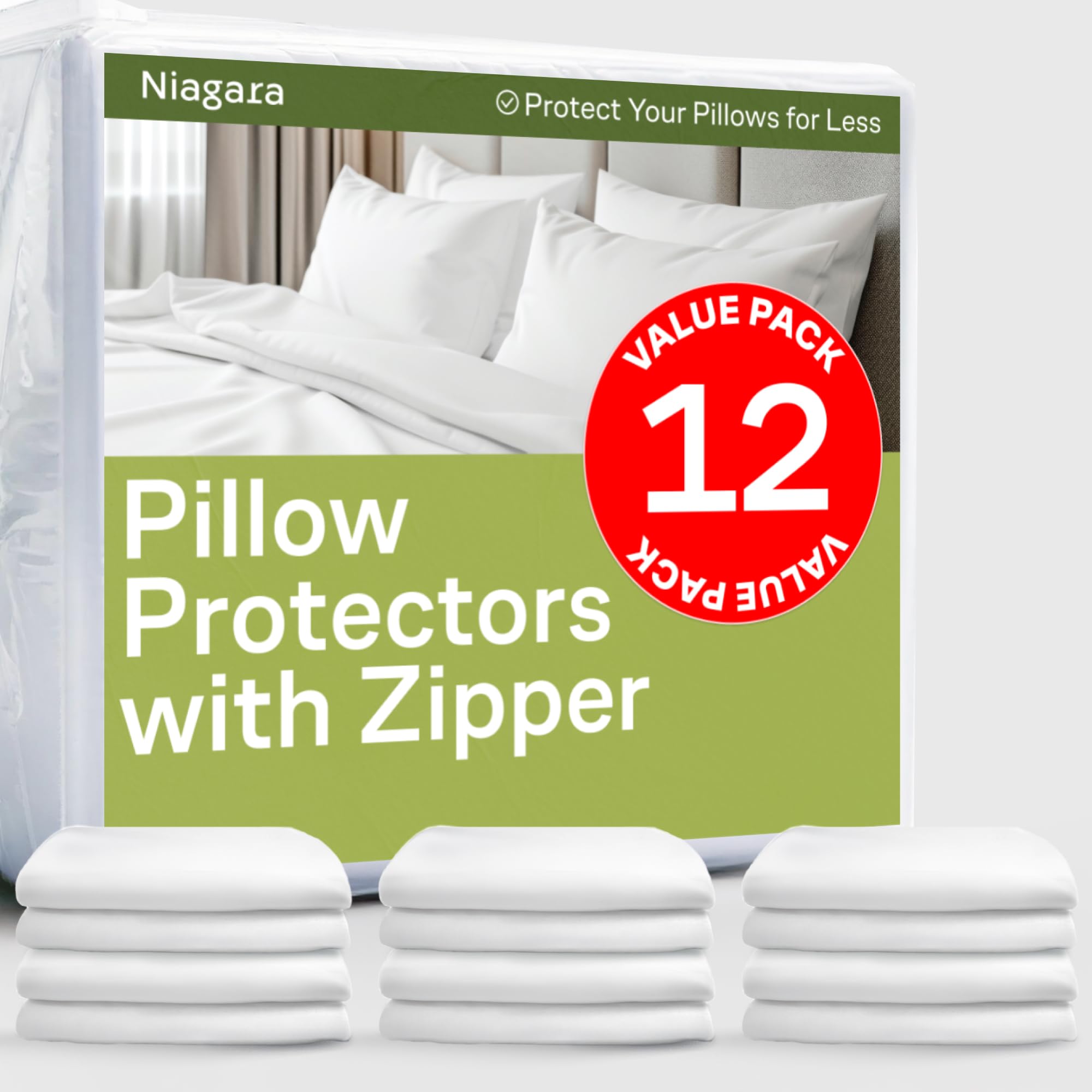 King Size Pillow Protectors with Zipper – Set of 12 Breathable Pillow Covers – 100% Protection Against Stains, Dust & Dirt – Machine Washable