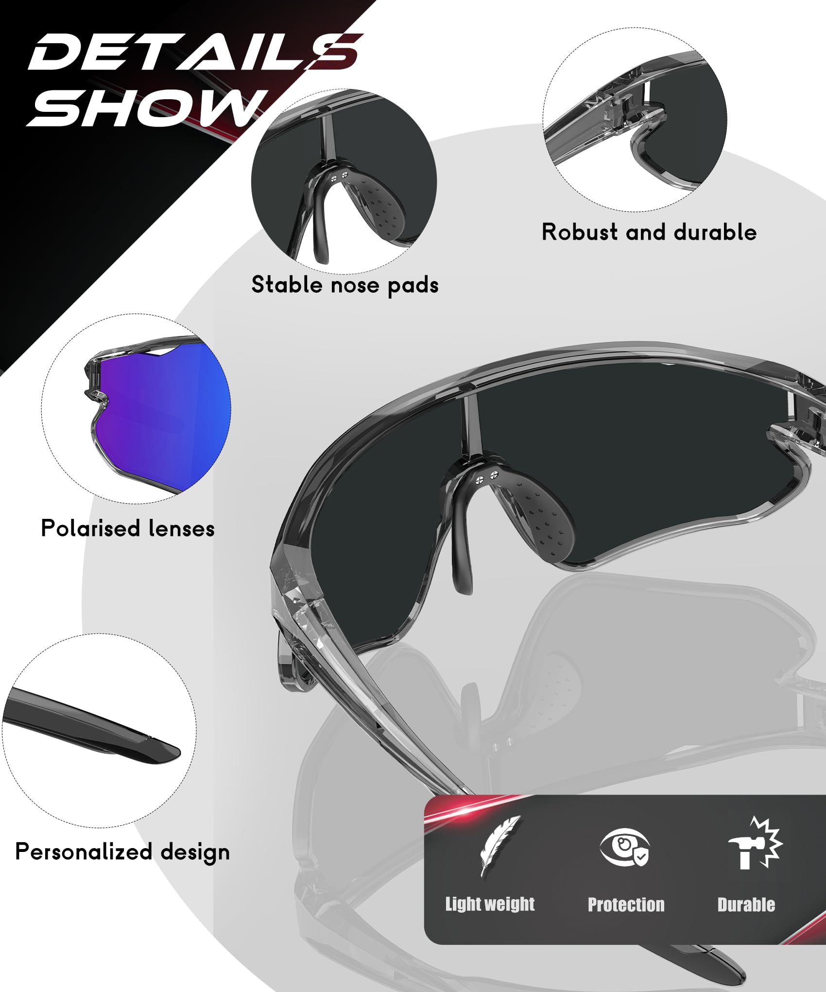 HENGOSEN Occhiali da sole sportivi polarizzati, da uomo, per ciclismo, corsa, guida, moto, pesca, protezione UV400