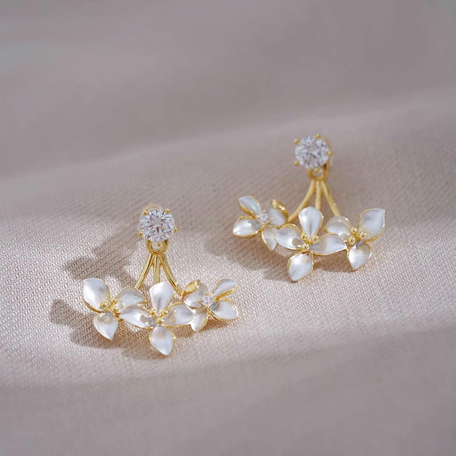 Bohemian Flower Crystal Jacket Earrings Vintage Crystal Earrings White Flowers Earrings Gold Crystal Stud Earrings Rhinestone Flowers Earrings Crystal Front Back Earrings Jewelry for Women - Image 4