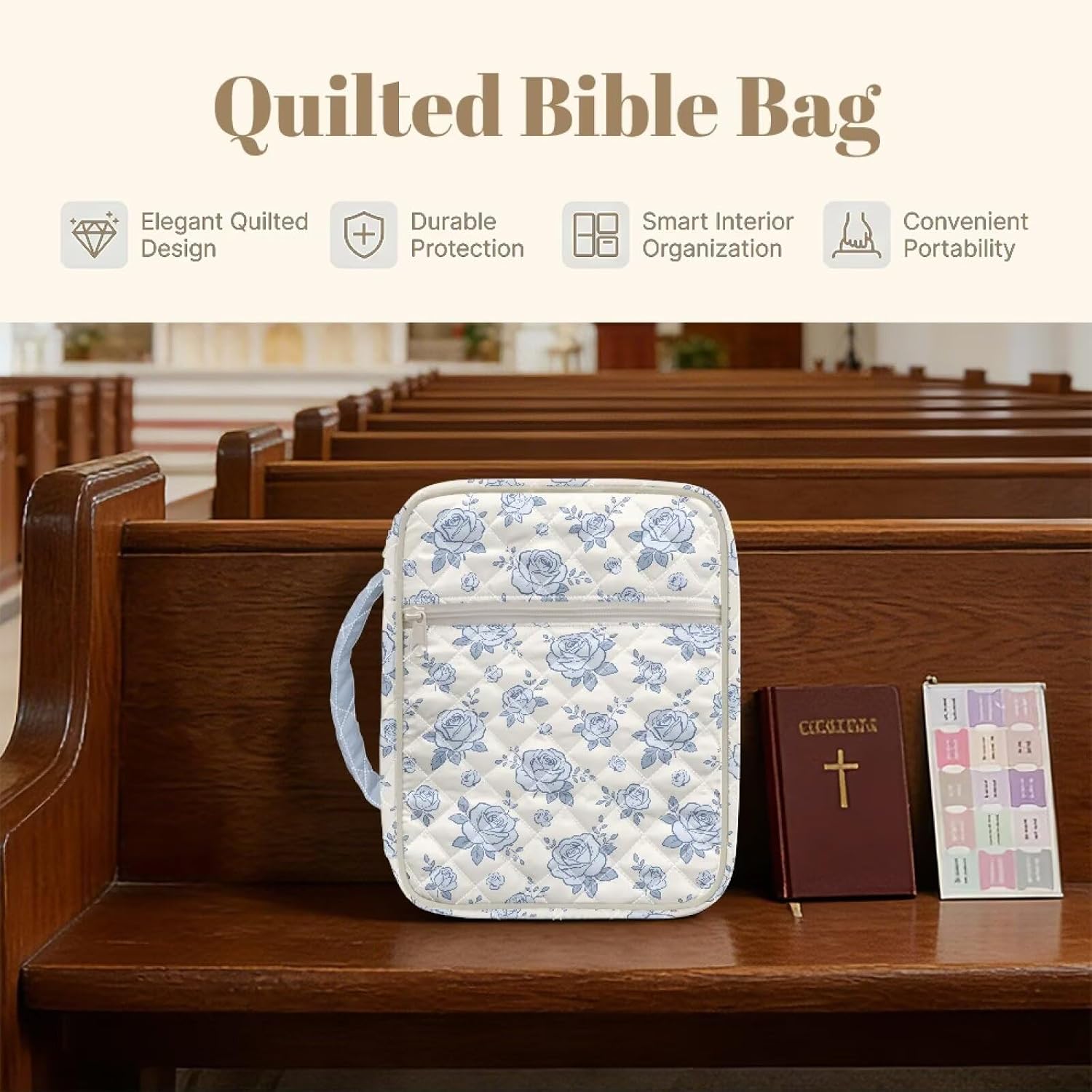 Rnyleeg Blue Rose Bible Cover Case for Women Girls Quilted Bible Carrying Bag with Handle&Zipper Soft Machine Washable Scripture Bag for Pens, Notebooks, Highlighters Gifts for Women
