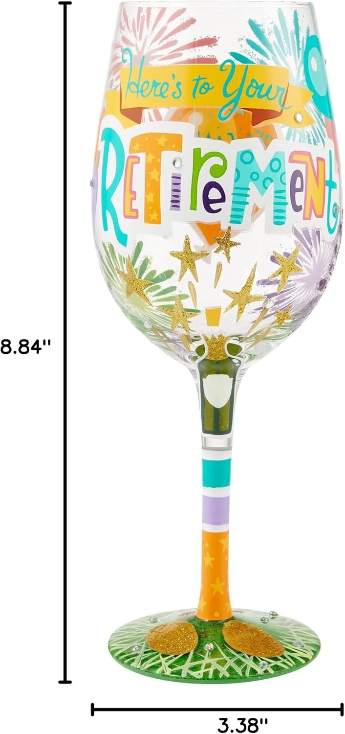 Enesco Designs by Lolita Here's to Your Retirement Hand-Painted Artisan Wine Glass, 15 Ounce, Multicolor