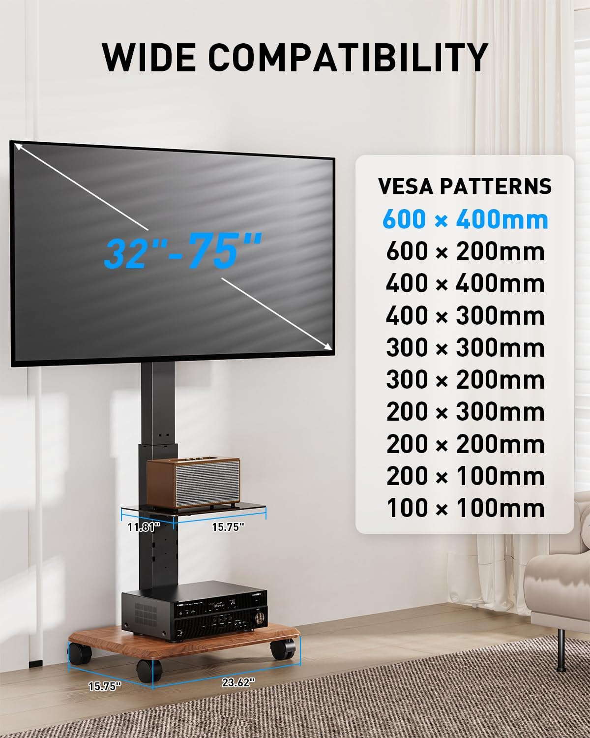 Heavy Duty 32 to 75 Inch Mobile Rolling TV Floor Stand Holds up to 132 lbs, TV Cart with Glass Shelf, Height Adjustable Portable TV Stand with Locking Wheels, Max VESA 600x400mm, Black