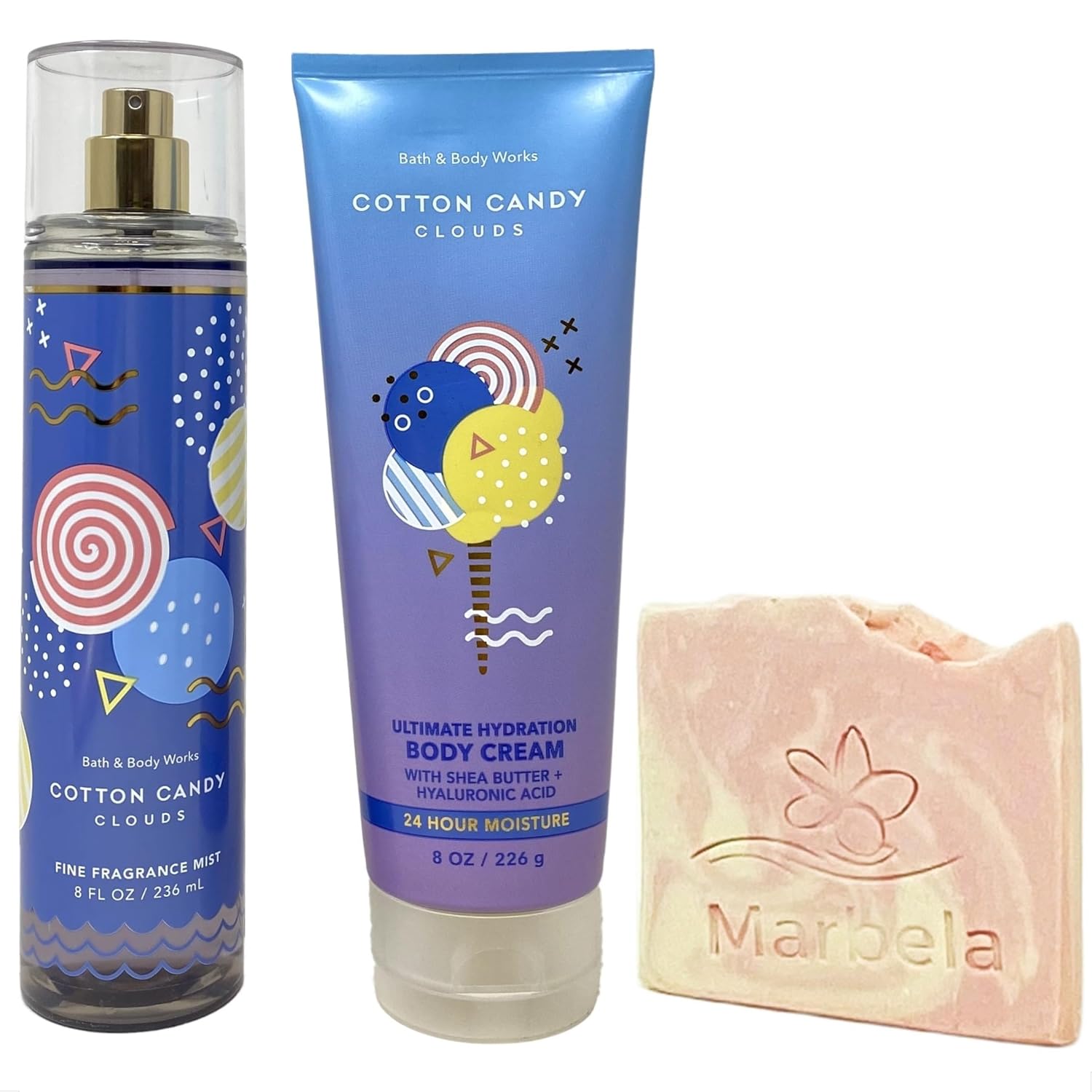 Bath & Body Works Cotton Candy Clouds Duo Set - Fragrance Mist and Body Cream with a Himalayan Salts Springs Sample Soap.