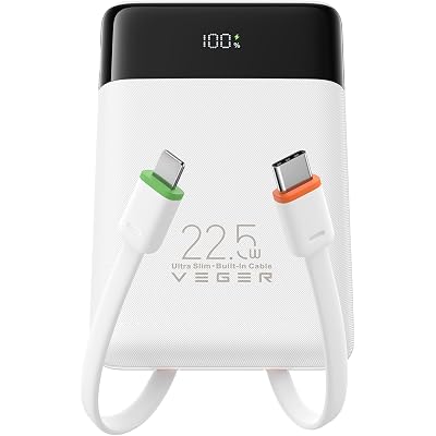 VEGER 22.5W Fast Charging Portable Charger, Slim 10000mAh Power Bank with Built-in Cables, Small USB C Battery Pack for iPhone iPad Samsung Galaxy Pixel LG Moto, Flight Safe, Travel Essential, White