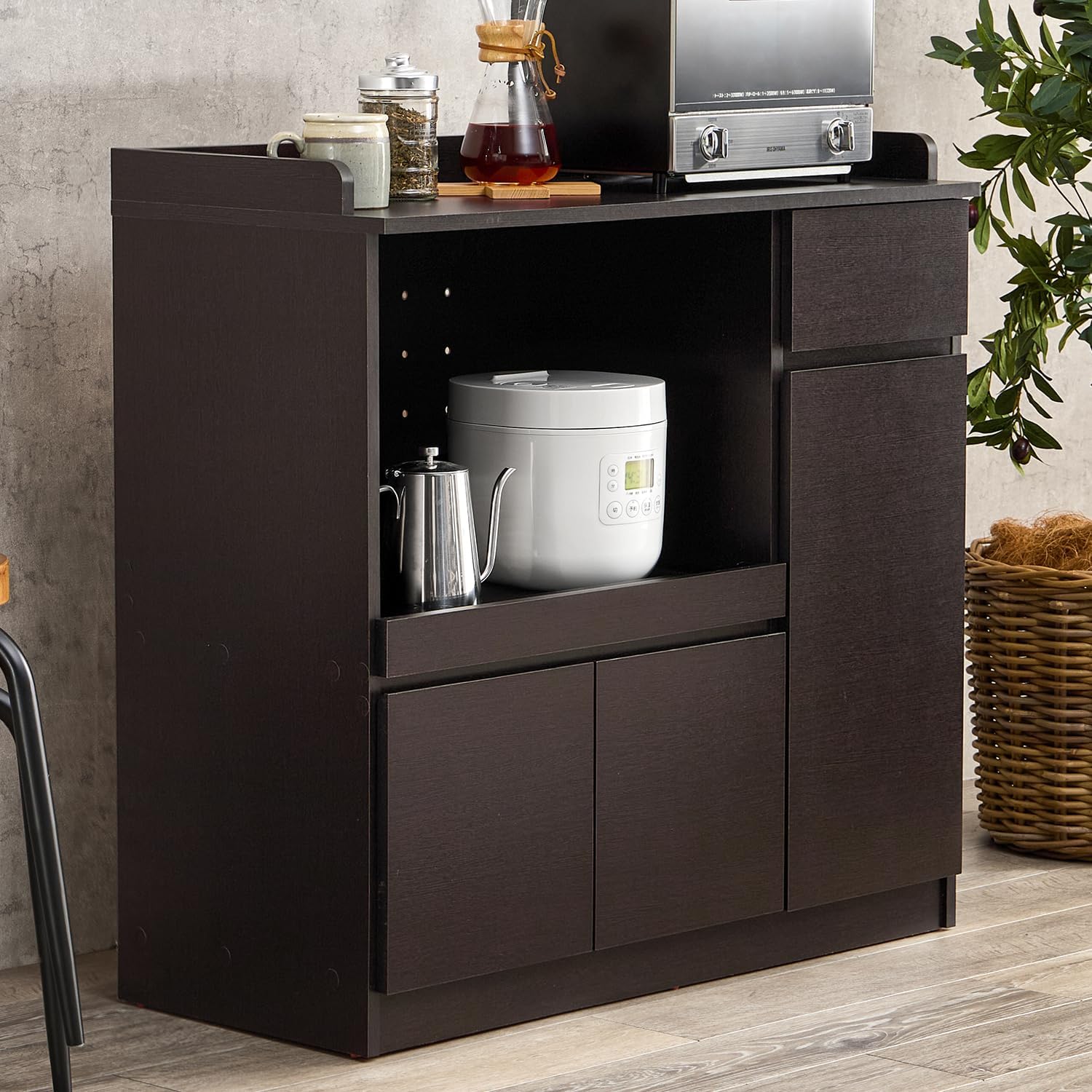 Hagihara VKC-7157DBR [Fall Prevention, Top with Border] Kitchen Counter, Cupboard, Cooktop, Slide Shelf, Large Capacity, 2 Outlets, Door Storage Type, Width 35.0 inches (89 cm), Dark Brown