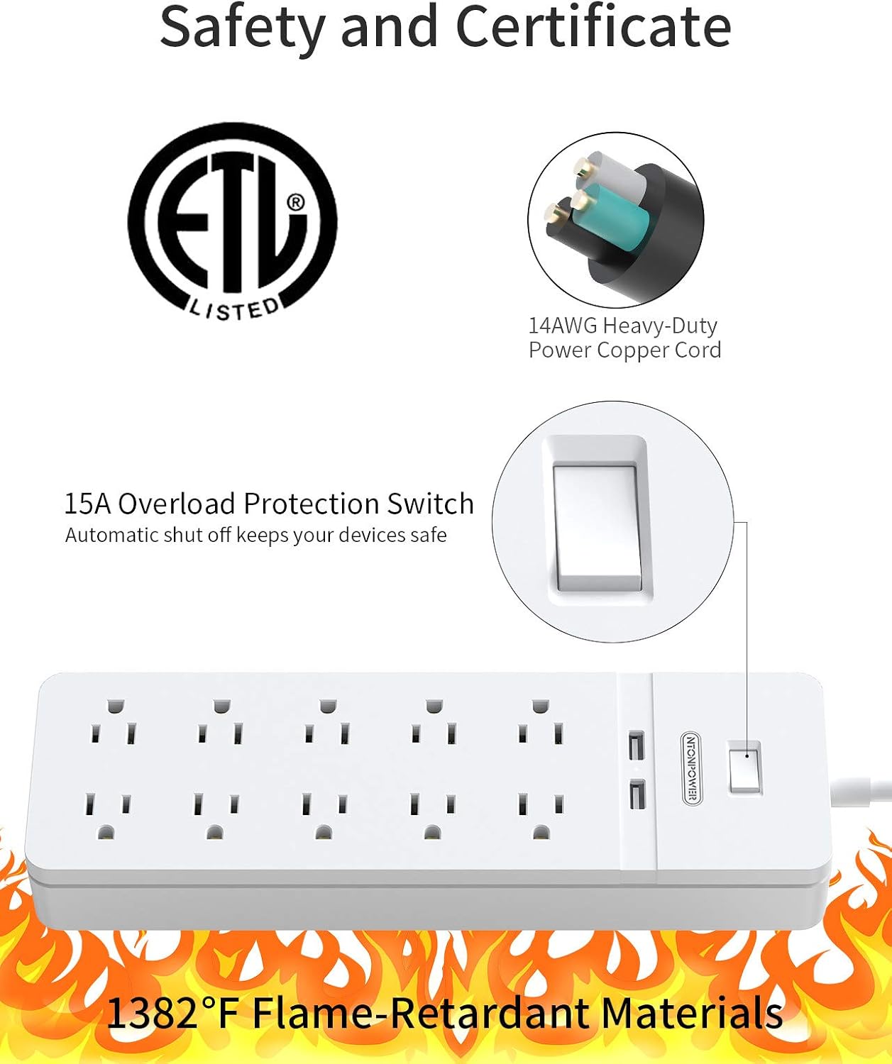 Surge Protector Power Strip, NTONPOWER 10 Outlet Power Strip with 2 USB, Power Strip Flat Plug, 5ft Heavy-Duty Extension Cord, 15A Circuit Breaker, ETL Listed, Wall Mount for Home and Office, White