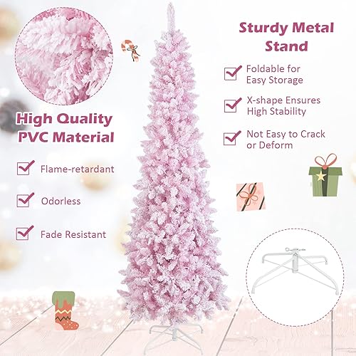Miniatura 5 de Árbol de Navidad flocado de nieve rosa preiluminado de 7 pies, 800 puntas de rama, 300 luces LED, 8 modos de iluminación, árbol de Navidad