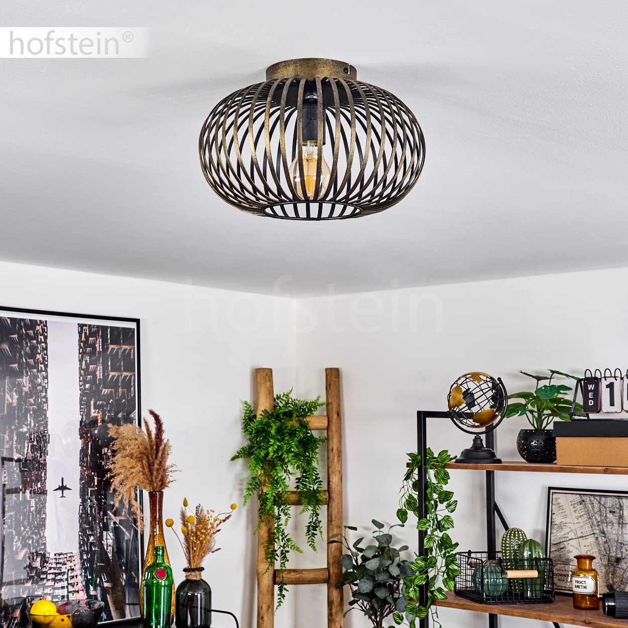 Plafoniera Oravi, lampada da soffitto rotonda in metallo in nero antico, 1 luce, attacco E27, senza lampadina, Ø 30 cm, luce retro/vintage con grande effetto luminoso grazie all'ottica a reticolo