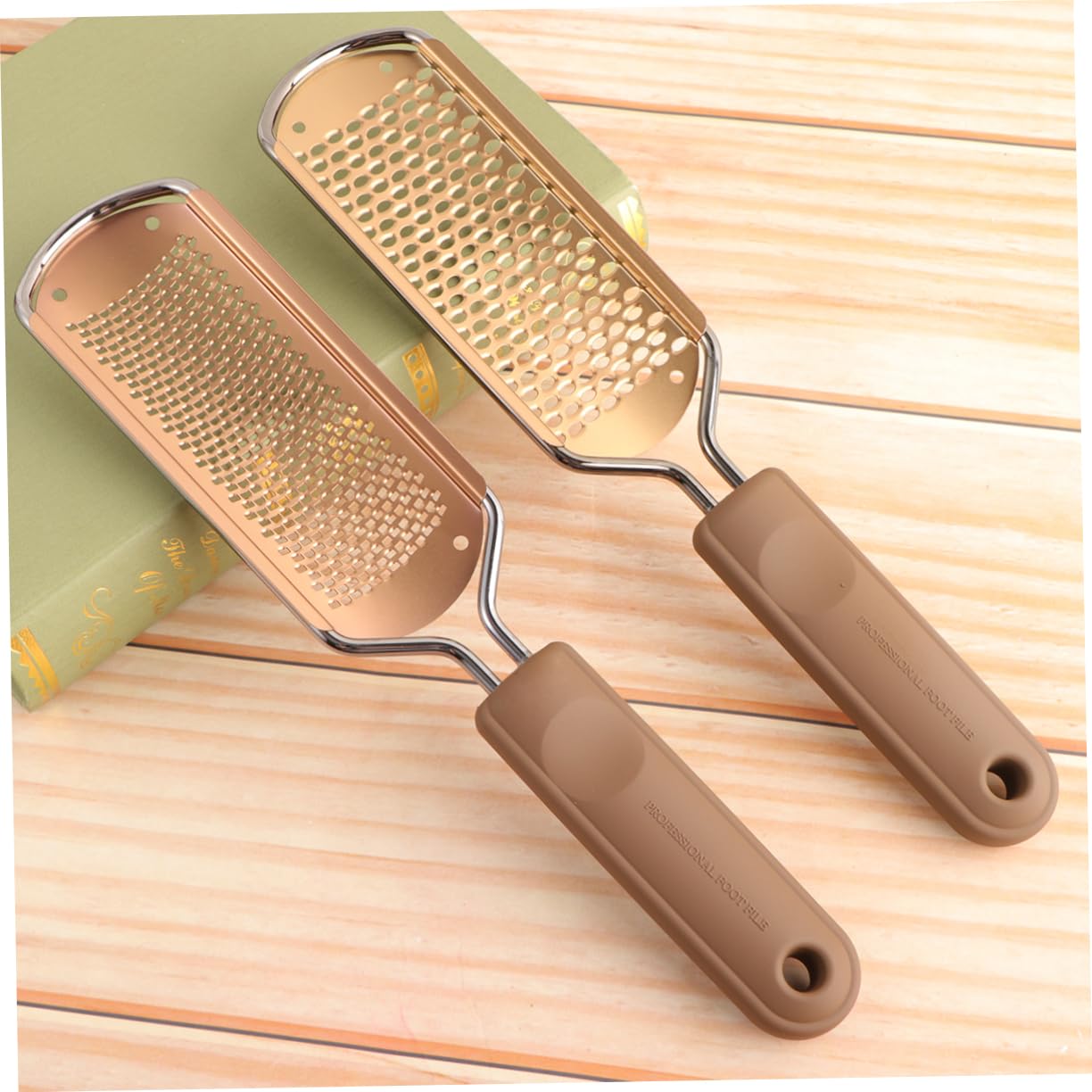SHERCHPRY 2pcs Stainless Steel Foot File Remover Exfoliating Dead Skin Scrubber with Comfortable Grip for Wet Dry Feet Rose Gold Finish