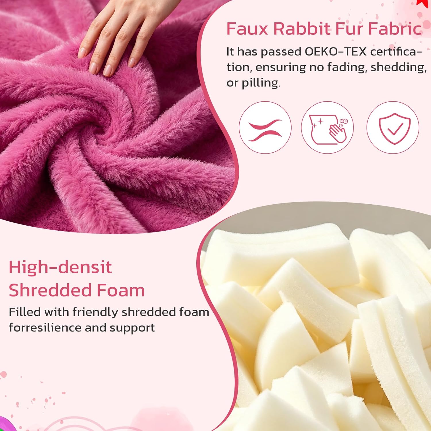 2FT Memory Foam Bean Bag Chair - Ultra Soft Faux Rabbit Fur Round Sofa with Handle & Machine Washable Cover, Comfy Lazy Chair for Kids Teens, Perfect for Reading Gaming in Living Room Bedroom，Magenta