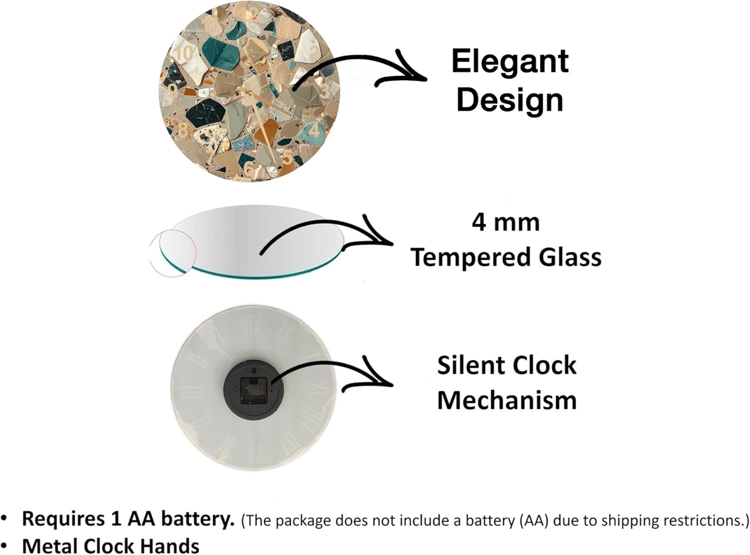 Terrazzo Wall Clock, Modern Stone Mosaic Decor, Tempered Glass Art, Colorful Kitchen Timepiece, Industrial Living Room Ornament, Unique Gift