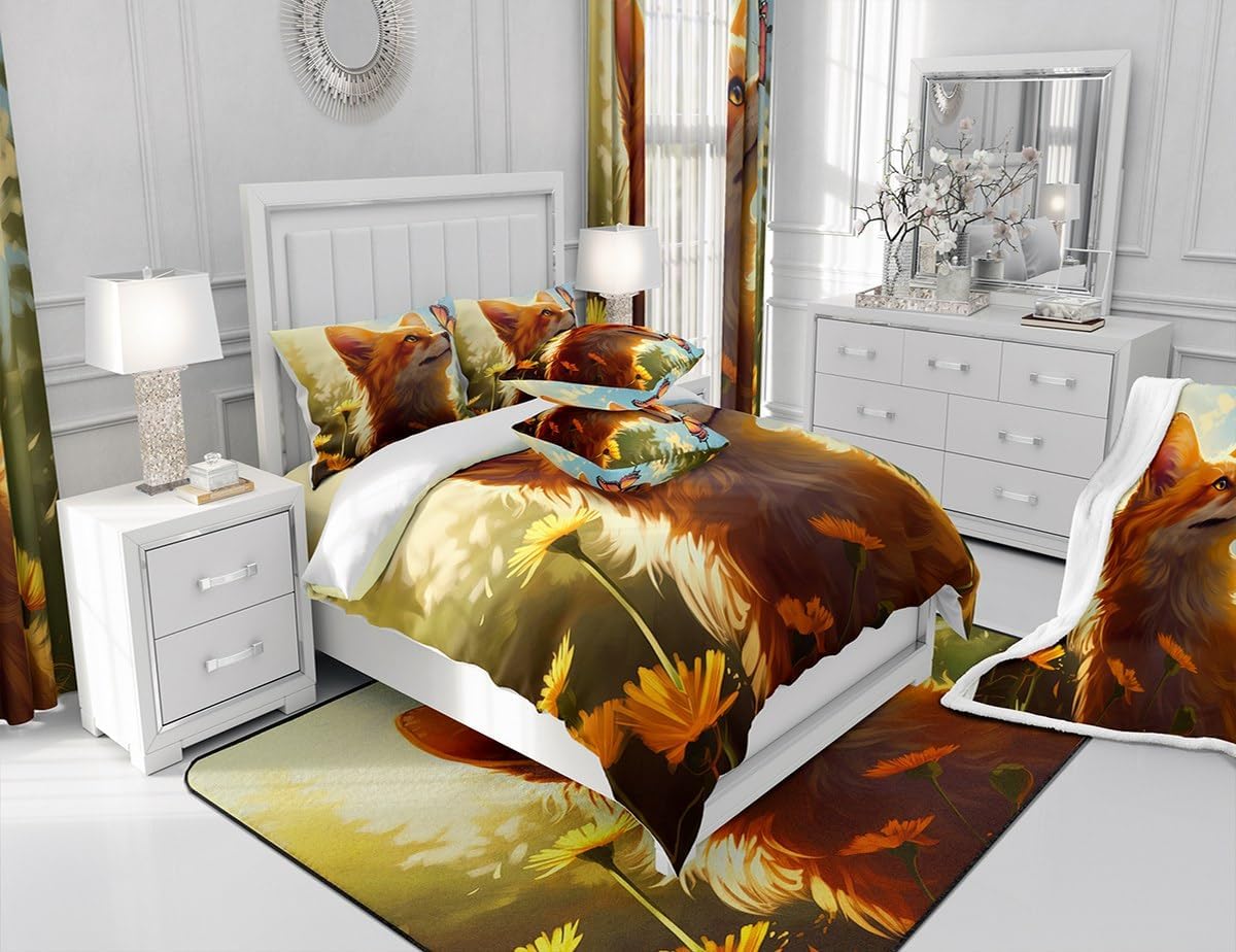 Cartoon Fox Bedding Set,Watercolor Fox Comforter Cover Set for Teens Women Room Decor,Butterfly Flowers Duvet Cover Breathable Sunshine Bedspread Cover Full Size(No Comforter)