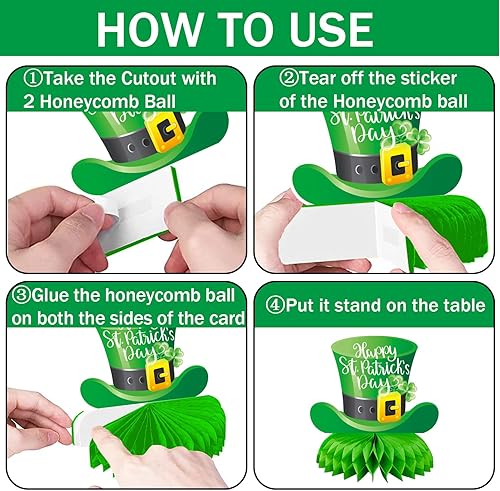 Miniatura 3 de 9 piezas de decoraciones de panal del día de San Patricio, centros de mesa de temática irlandesa surtidos con duendes, ollas de oro, tréboles y