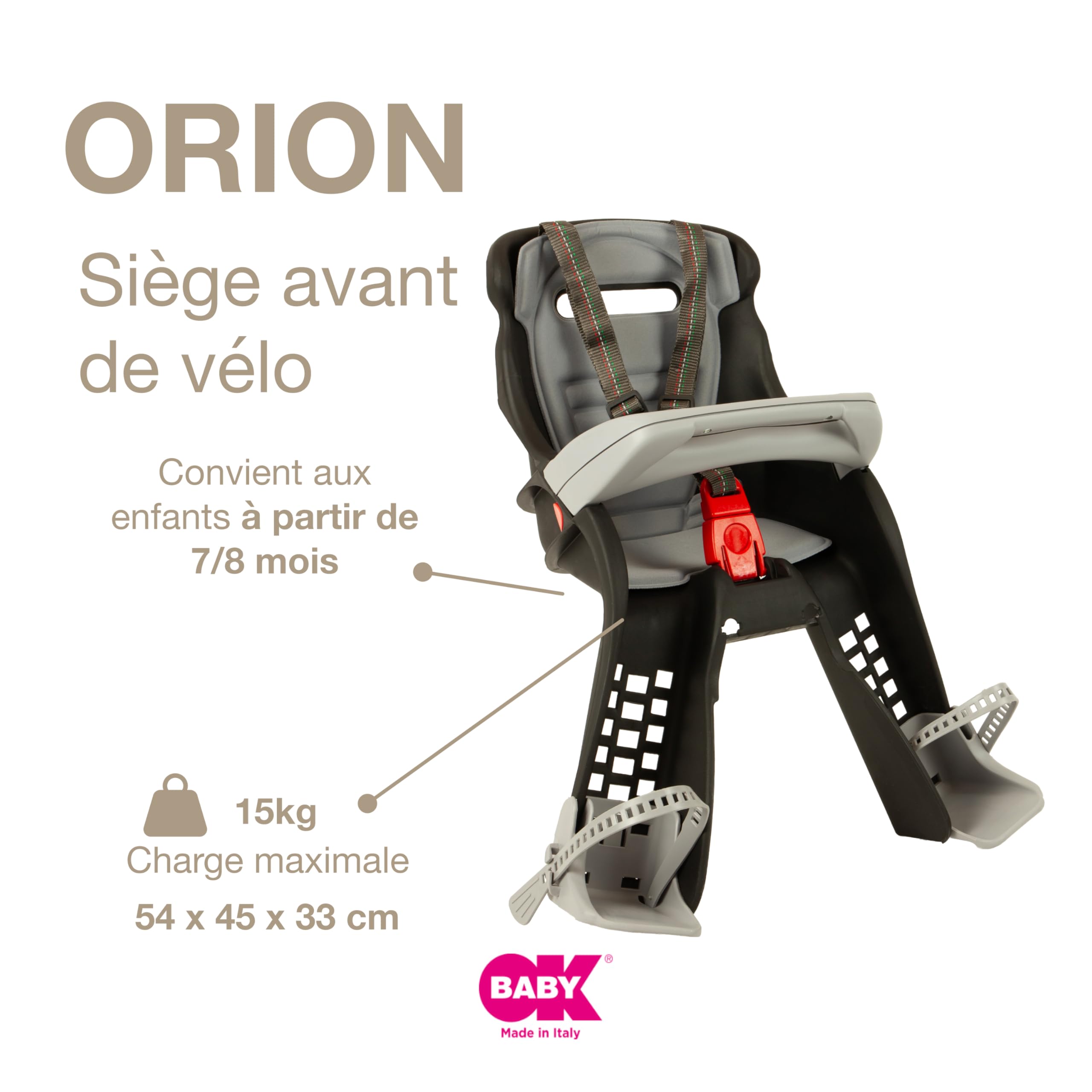 OKBABY Orion - Siège enfant avant, sécurité vélo à partir de 7/8 mois (capacité maximale 15 kg) - Noir/Gris