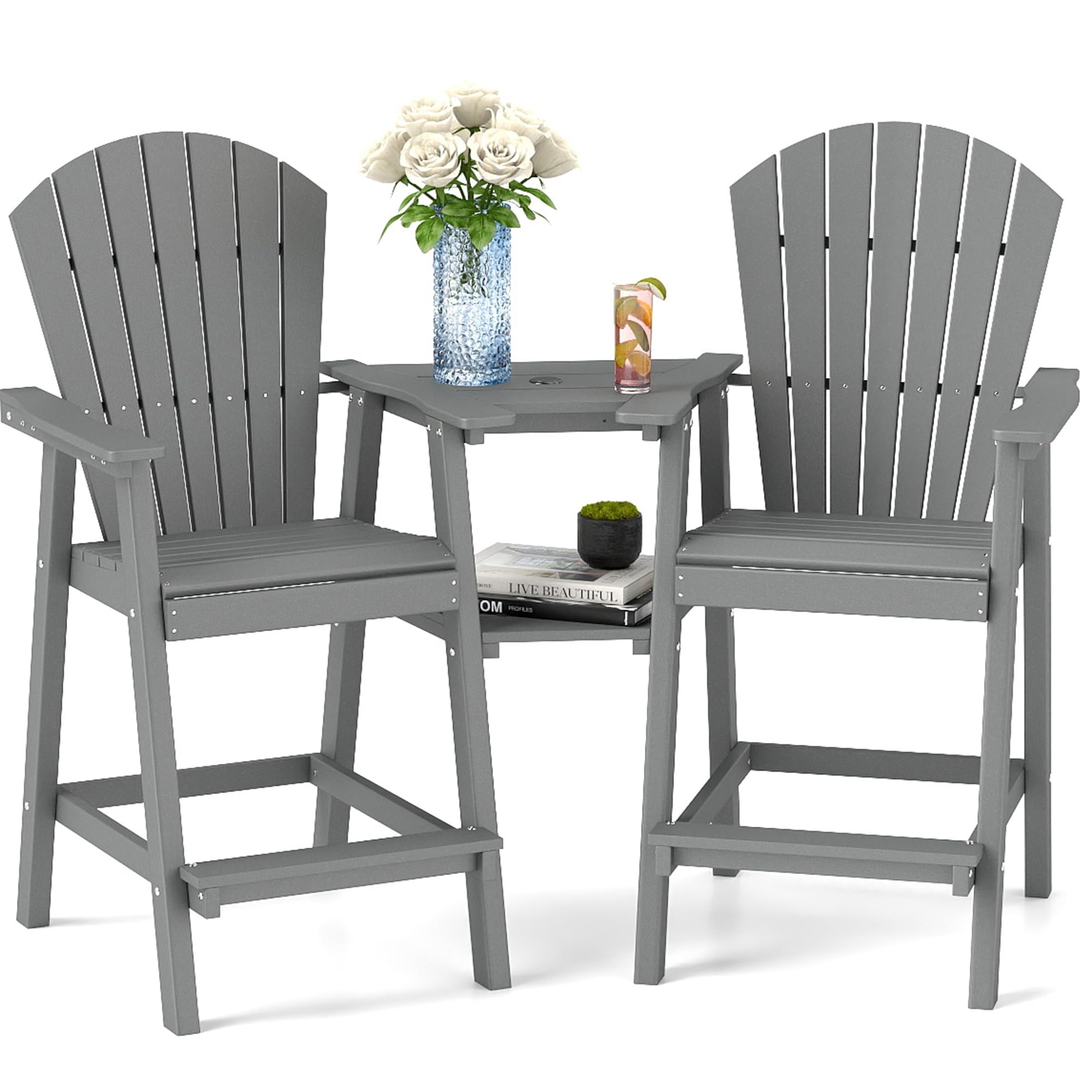 FOOWIN Tall Adirondack Chair Set of 2, All Weather HDPE Bar Height Adirondack Chair with Double Connecting Trays, Adirondack Barstools for Balcony, Deck, Backyard, Patio, Garden Grey