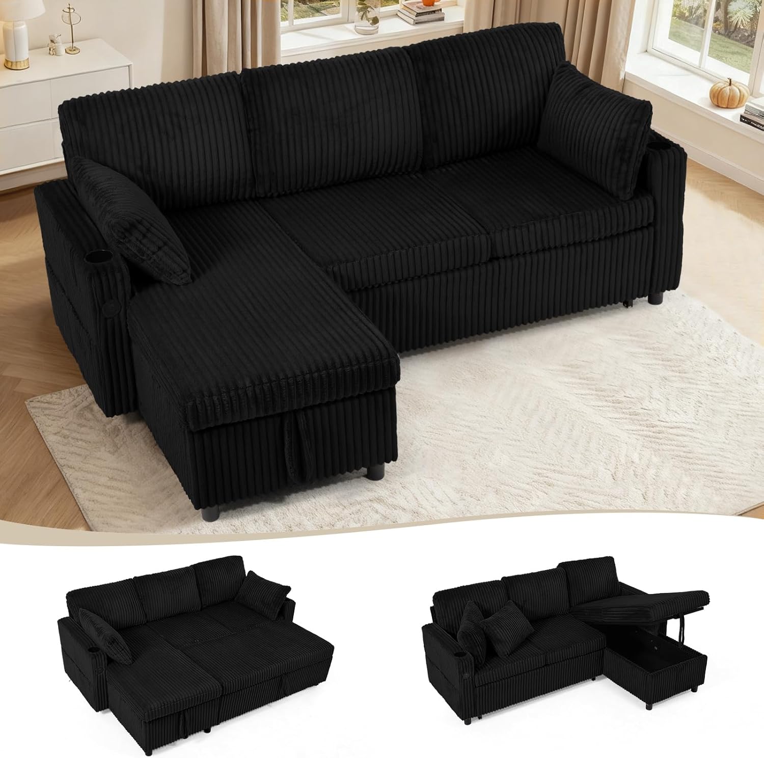 84" Corduroy L-Shape Sofa Bed with Adjustable Backrests, Upholstered Pull Out Sofa Bed with USB Ports, Convertible Sectional Sleeper Couch with Storage Chaise for Living Room, House, Black