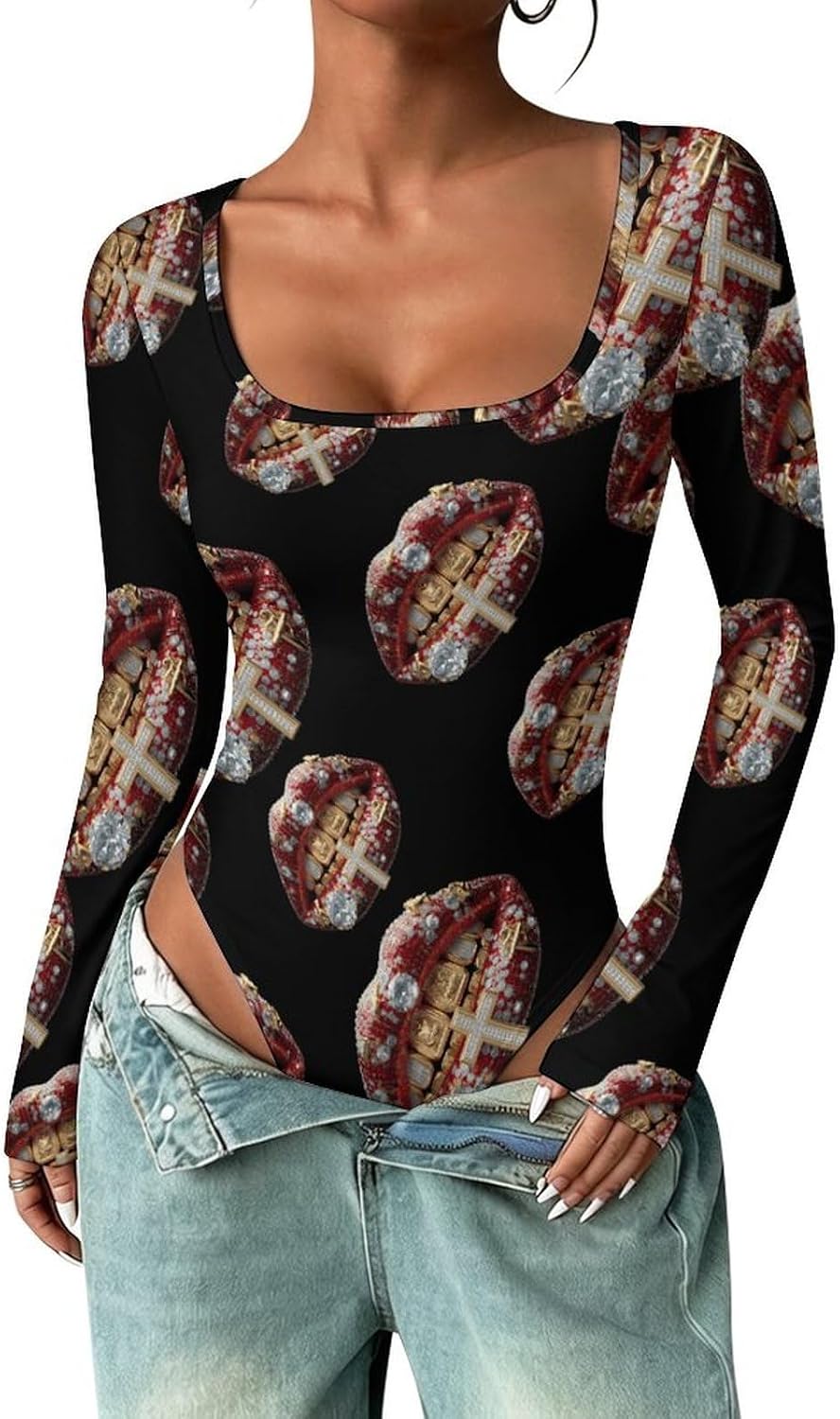 Lip Prints Women's Bodysuits Long Sleeve Top 5XL