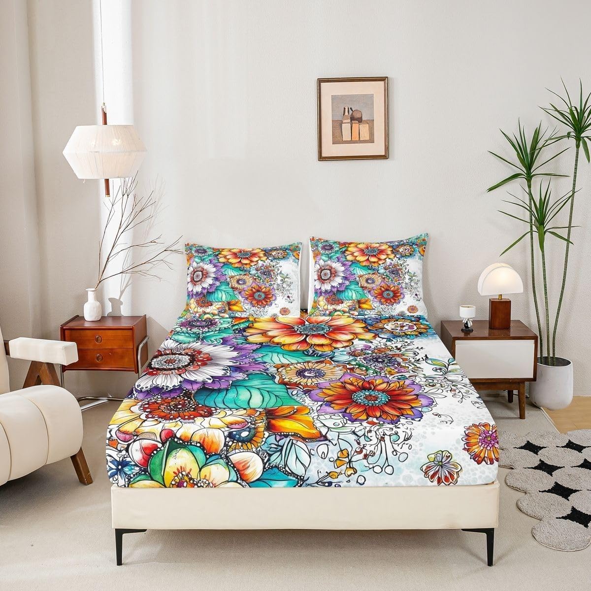 Boho Style Fitted Sheet Vibrant Flowers Bed Sheets Deep Pocket 12 inch (30 cm) Soft Cozy 3 Piece Microfibre Bed Sheet 200x200 cm with 2 Pillowcases 50x75 cm