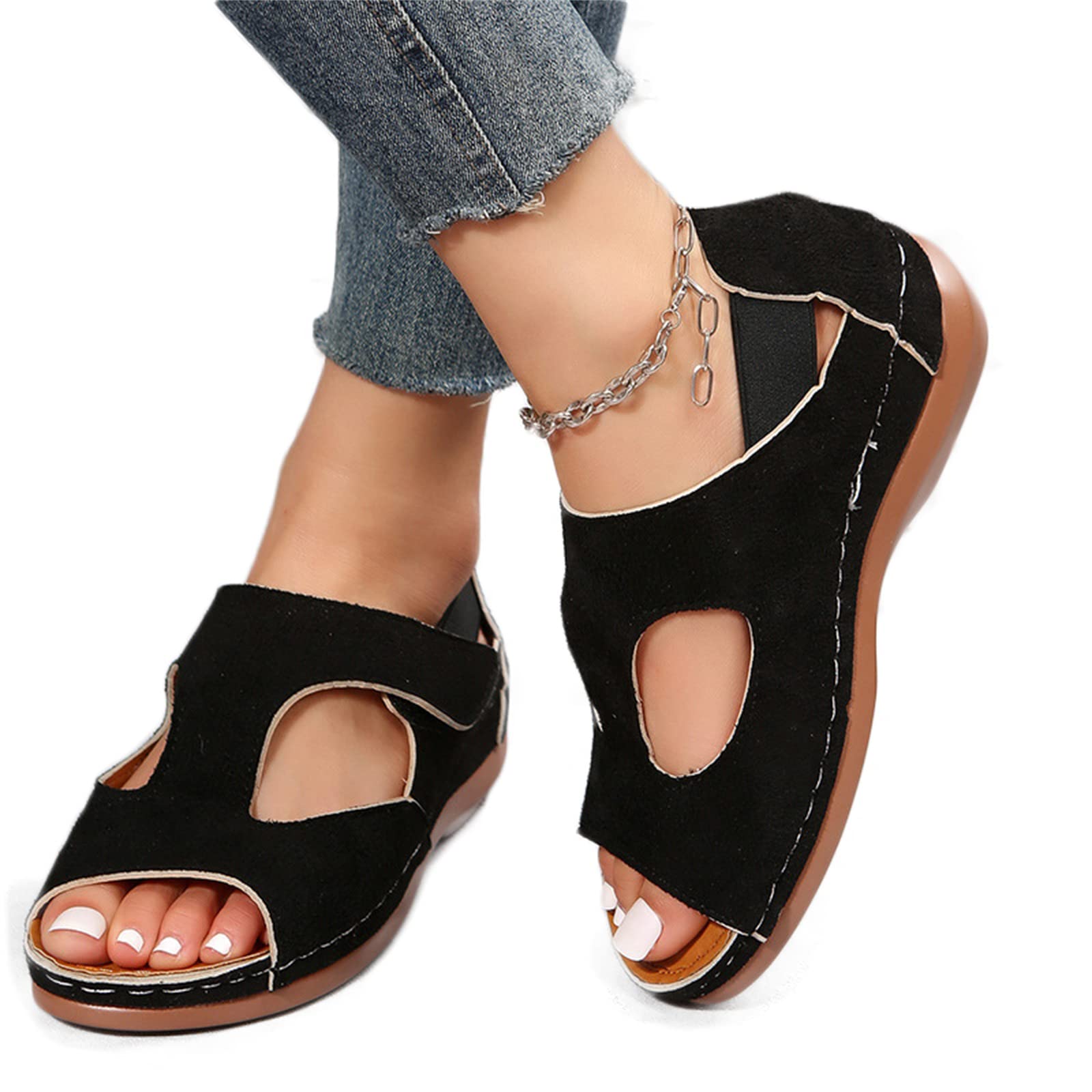 Sandales compensées femme plateforme daim noir bout ouvert 35