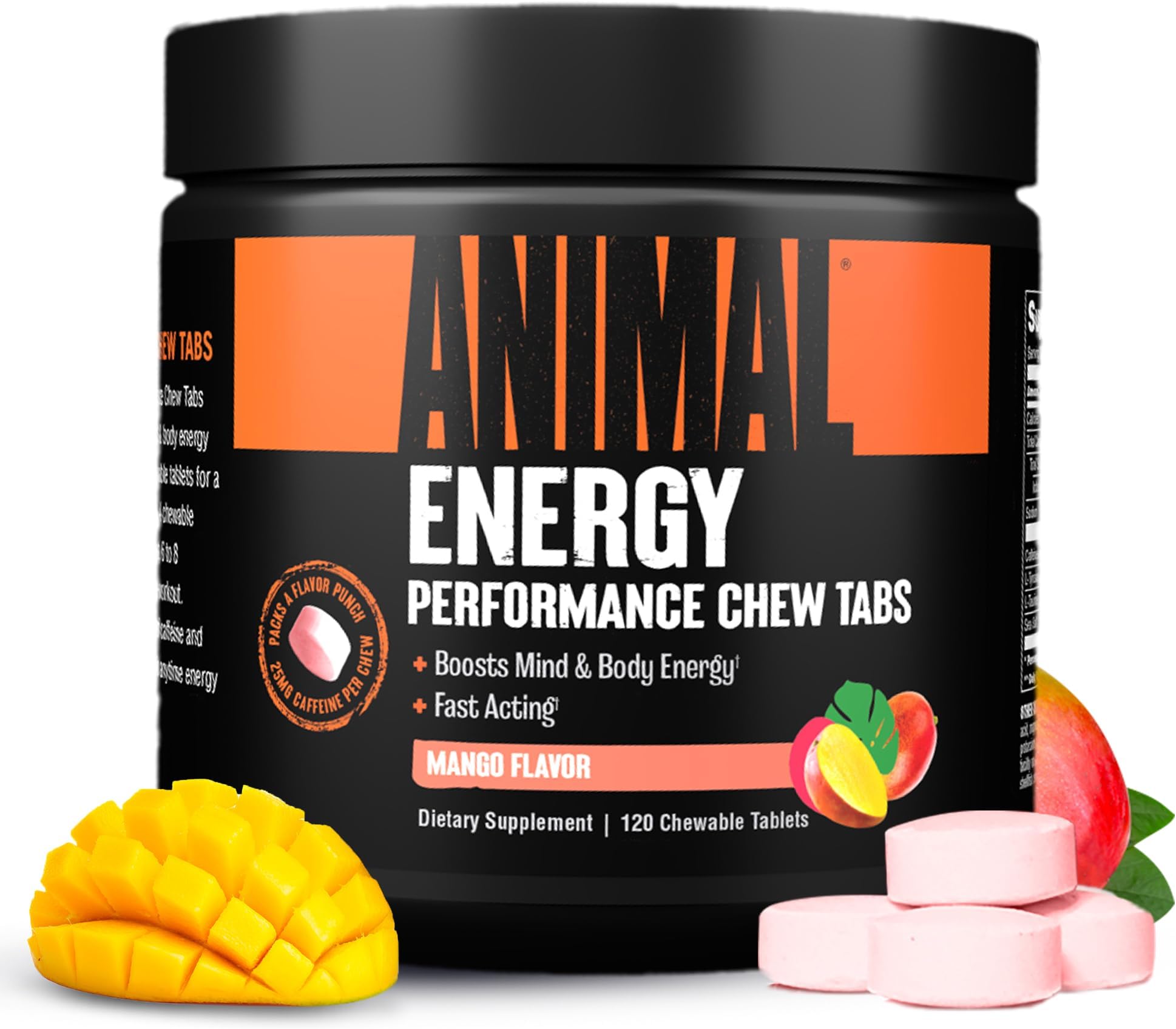 Animal Energy Chews, Fast Acting Energy with Caffeine, Nootropics and Sea Salt for Focus and Pre Workout - Convenient and Delicious Chews Format - Mango