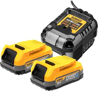 DEWALT Powerstack DCB1102E2 18 Volt Battery Kit 1.7 Ah, Innovative Pouch Cell Technology, Can be Used in All 18 V XR Battery Machines, with Capacity Display via LEDs, Includes 2 Batteries & Charger