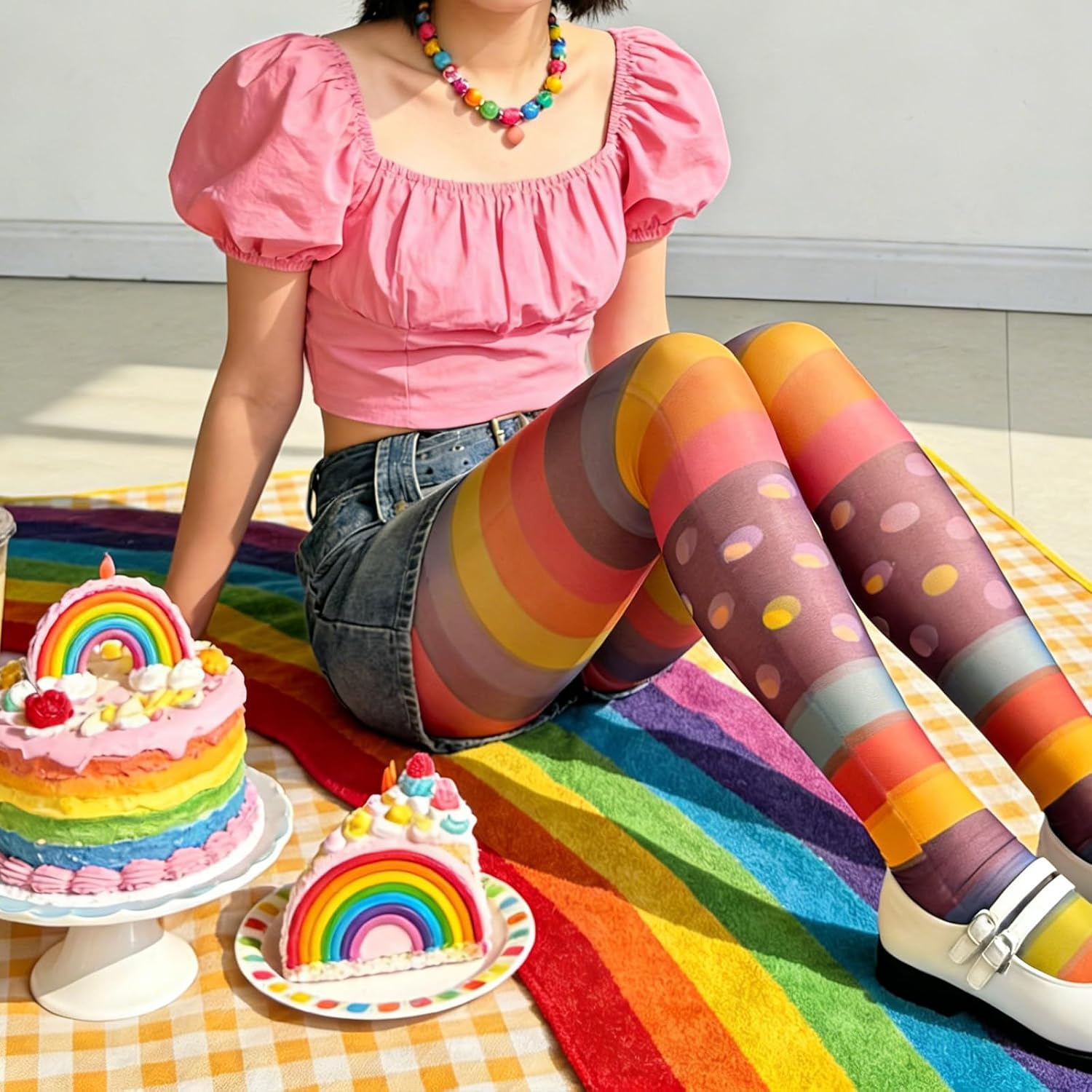 Women's Rainbow Striped Over Knee High Waist Pantyhose Colorful Rave Clown Tights for Gay Pride Day Halloween