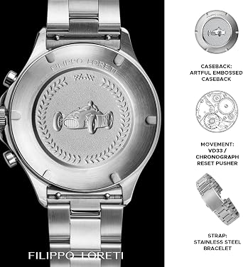 FILIPPO LORETI ピスタ アズールウェーブ 42mm クロノグラフ ブルーダイヤル シルバーステンレススチールブレスレット 100m防水 メンズ, マットブルー, モダン