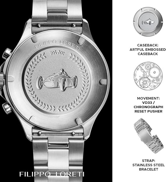 FILIPPO LORETI ピスタ アズールウェーブ 42mm クロノグラフ ブルーダイヤル シルバーステンレススチールブレスレット 100m防水 メンズ, マットブルー, モダン