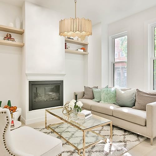 Miniatura 2 de Durent Lighting Candelabro de tambor dorado de 4 luces moderno con pantalla de vidrio Tiffany, lámpara colgante de techo redonda de 16 pulgadas para